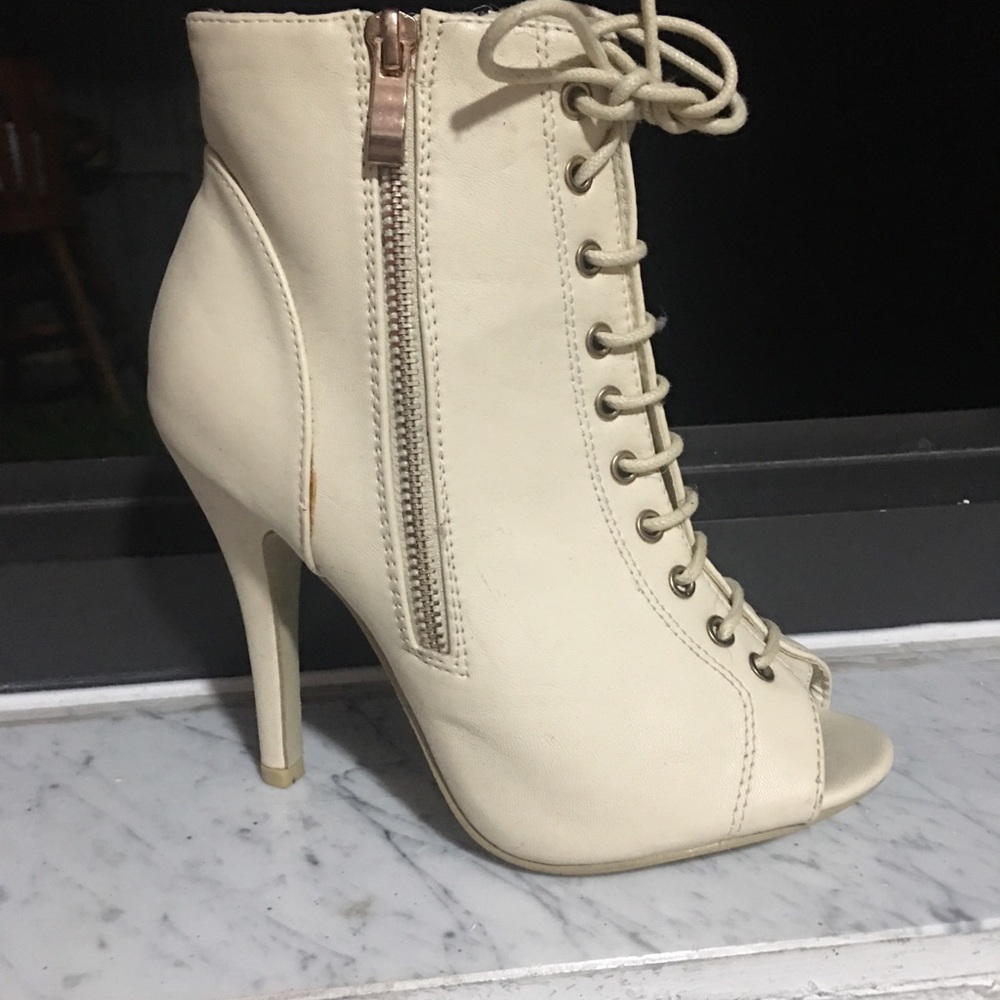 Beige peep toe lace up bootie